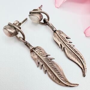 Silver Feather Earrings Pink Gemstone Southwestern Native Tribal American Tested